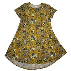 LuLaRoe Carly Dress 3XL Mustard Yellow Black White Rose Floral High-Low Swing
